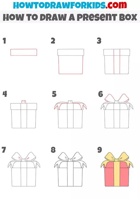 How to Draw a Present Box - Easy Drawing Tutorial For Kids How To Draw A Present, Basic Drawing For Kids, Drawing Stand, Present Box, Hand Drawings, Christmas Photo Booth, Directed Drawing, Journal Bullet, Easy Drawing Tutorial