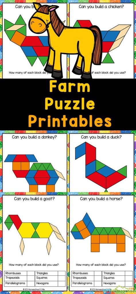 Grab these farm animal pattern block templates to spark your child's imagination and boost their math skills! Watch as they use different shapes to create adorable sheep, chickens, and pigs, all while having a blast! No need to be an art genius! These free pattern block printables make it simple and fun to build your very own farm animal creations. Plus, it's not just about the cute animals - kids will also develop essential spatial skills and learn important geometric concepts along the way. Tr Farm Animal Pattern Block Mats, Farm Pattern Blocks, Farm Preschool Theme Free Printables, Farm Preschool Printables, Feed The Farm Animals Free Printable, Pattern Block Templates Free Printable, Farm Animal Activities For Preschool, Animals With Shapes, Farm Math Preschool