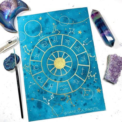 Zodiac Painting, Watercolor Zodiac, Astrological Chart, Zodiac Wheel, Handmade Portrait, Constellation Art, Wheel Art, Astrology Chart, What To Write