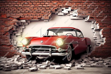 3d mural wallpaper broken wall bricks and a classic red car. world map in a colored background. for children and kids bedroom wallpaper. Car Mural Art, Irish Pub Design, Car Mural, Bricks Wallpaper, Cars Mural, Kids Bedroom Wallpaper, Brick Wall Wallpaper, Broken Wall, Break Wall