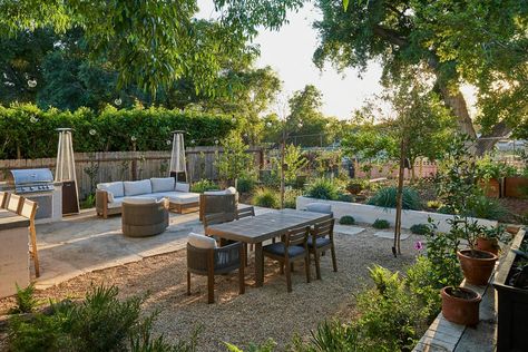 California Patio, Patio Flagstone, California Mediterranean, Mediterranean Backyard, Rustic Mediterranean, Under A Tree, Flagstone Patio, Concrete Slab, Stone Fruit