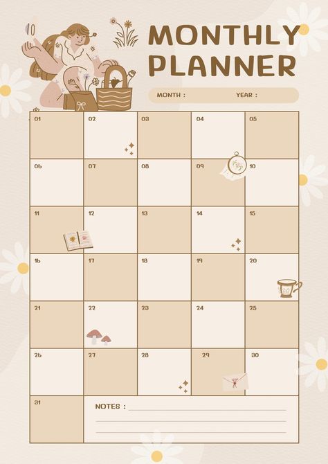 Cute Daily Planner, Study Planner Printable, Cute Cottagecore, Monthly Planner Template, Month Planner, Monthly Planner Printable, Weekly Planner Template, Routine Planner, Cute Planner