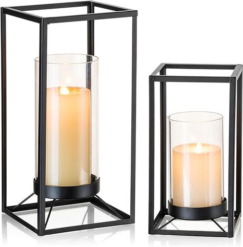 Staymoment Black Metal Lantern Decorative Set of 2 with Hurricane Glass, Indoor Modern Farmhouse Candle Holder Hanging Lanterns for Table Centerpiece Fireplace Mantles Shelf, 12" & 9" Iron Home Decor Fireplace Mantle Shelf, Iron Home Decor, Farmhouse Candle Holders, Farmhouse Candle, Fireplace Mantles, Table Centerpieces For Home, Scented Pillar Candles, Fireplace Shelves, Modern Lanterns