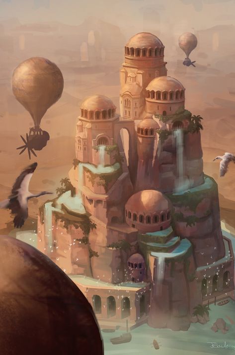 ArtStation - Citadel Oasis - Architecture concept Oasis City Concept Art, Desert Oasis Fantasy Art, Desert Oasis Concept Art, Fantasy Oasis City, Desert Planet Concept Art, Fantasy Desert Oasis, Desert Palace Concept Art, Desert Architecture Concept, Citadel Concept Art