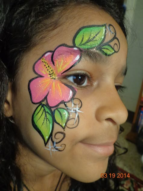 Hibiscus Flower face paint design Moana Face Paint, Hawaiian Face Paint, Summer Face Paint, Flower Face Paint, Face Painting Flowers, Cheek Art, Flower Makeup, Paint Makeup, Butterfly Face