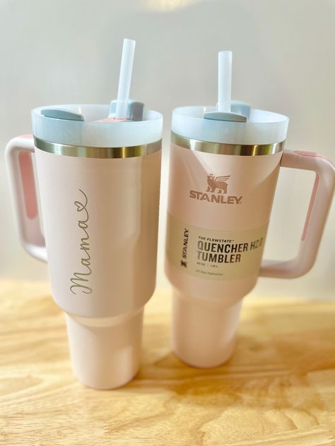 Custom engraved stanley quencher h2.0 in rose quartz and other colors! From lorelei vella inc on etsy. Customization Ideas, Custom Stanley, Stanley Tumbler, Stanley Quencher, Cricut Designs, Custom Engraving, Water Glasses, Laser Engraved, Cricut Design