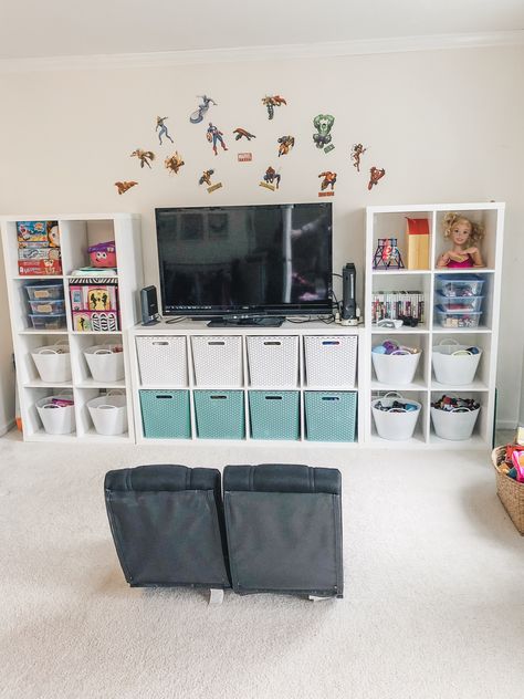 Ikea Cube Playroom, Ikea Play Area In Living Room, Space Saving Playroom Ideas, Loft Toy Room Playroom Ideas, Kallax Styling Playroom, Kallax Playroom Storage, Playroom Ikea Storage, Playroom Kallax Ideas, Kallax Ikea Playroom