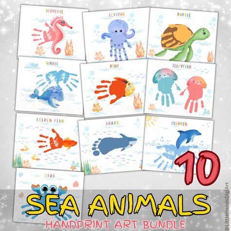 Explore the wonders of the ocean with our Sea Animals Handprint Art Bundle! Ideal for classrooms, nurseries, and summer activities, this bundle brings sea creatures to life through kids' handprints. Create memorable DIY cards and keepsakes that capture the magic of underwater adventures. 🌊🎨 #HandprintArt #SeaAnimalsCraft #SummerFun #DIYKeepsake Handprint Fish Art, Hand Print Sea Animals, Handprint Sea Animals, Ocean Animals Activities For Toddlers, Handprint Ocean Animals, Child Handprint Art, Pictures Of Sea Creatures, Animale Marine, Fish Handprint