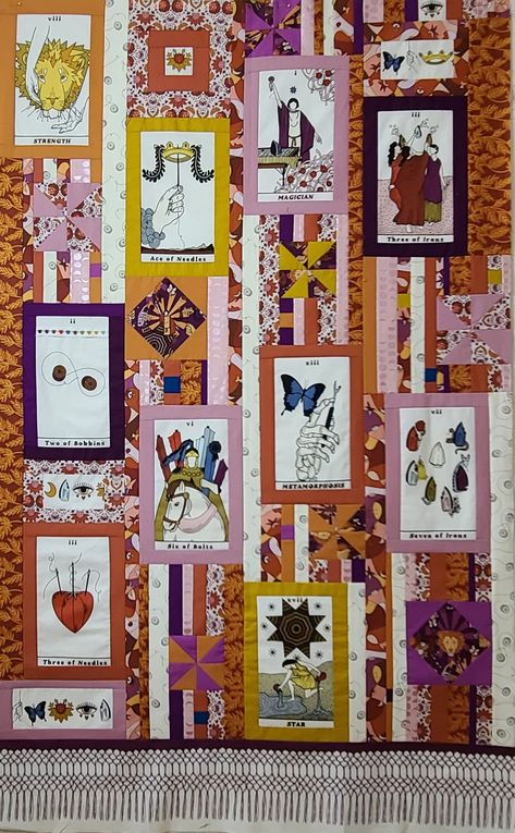 Sashed fabric rectangles featuring sewing tarot card motifs are surrpunded by strip sets, square in a square and pinwheels. Tarot Quilt, Wife Style, Quilted Wall Hanging, Sewing Things, Contemporary Quilts, Andover Fabrics, Project Inspiration, Wall Quilts, Panel Quilts