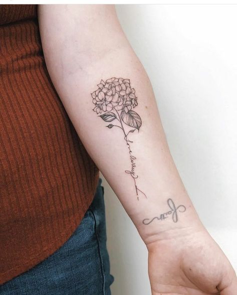 Fine Line Hydrangea Tattoo Hydrangea Tattoo With Words, Black Hydrangea Tattoo, Hydrangea Arm Tattoo, Hydrangea Forearm Tattoo, Hydrangea Butterfly Tattoo, Hydrangea And Rose Tattoo, Hygrandea Tattoo, White Hydrangea Tattoo, Hydragena Tattoos