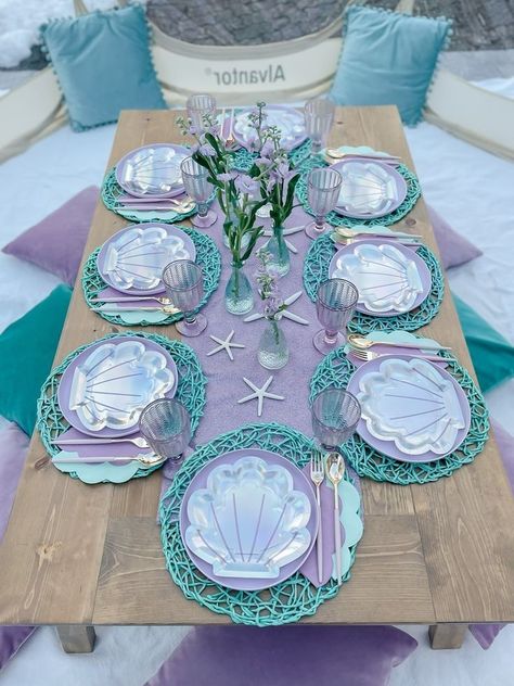 Mermaid Birthday Table Decorations, Budget Mermaid Party, Mermaid Theme Pool Party Ideas, Mermaid Birthday Party Kids Table, Mermaid Birthday Party For Adults, Mermaid Party Table Setting, Mermaid Theme Table Set Up, Mermaid Party Color Scheme, Mermaid Picnic Birthday Party