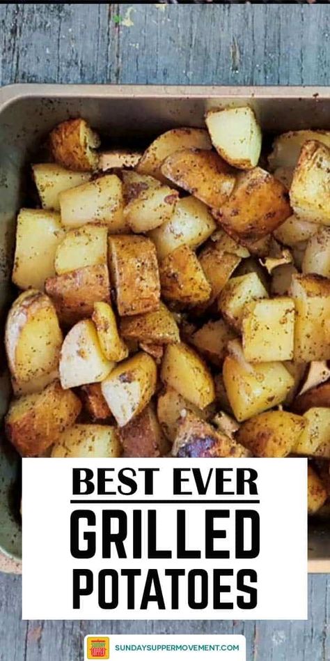 Cookout Potato Side Dishes, Best Grilled Potatoes Recipe, Small Potatoes Recipe, Grilled Potato Recipes, Potatoes On The Grill, Charcoal Grill Recipes, Grilled Side, Russet Potato Recipes, Potato Sauce