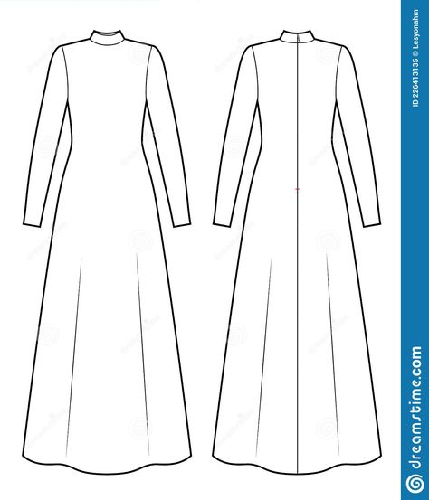 Abaya Technical Drawing, Sleeves Illustration Sketch, Abaya Sketches Fashion Illustrations, Abaya Template, Abaya Illustration Drawing, Abaya Pattern Sewing How To Make, Abaya Sketch Design, Long Dress Sketch, Abaya Illustration