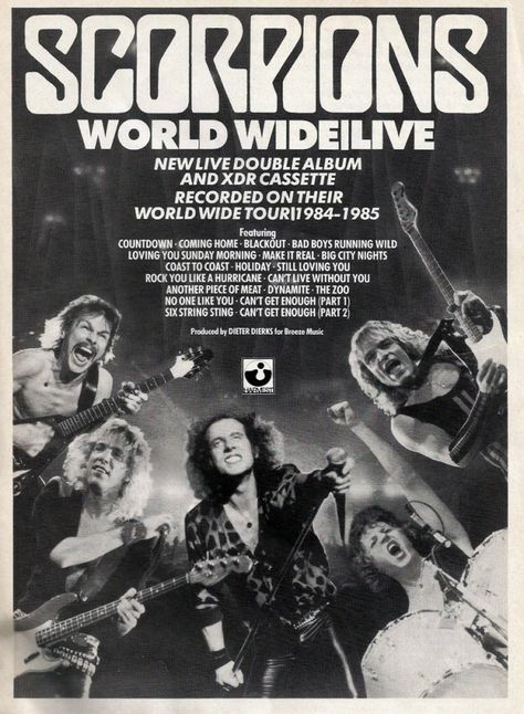 Scorpions - World Wide Live, July 1985 Scorpions Poster Band, Scorpions Band Aesthetic, Rock Bands Posters, Scorpions Band, Space Posters, Poster Rock, Poster Space, Rock Band Posters, Vintage Music Posters