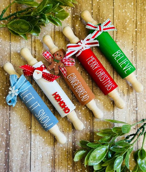 Mini Christmas Rolling Pins Christmas Tier Tray Decor - Etsy Mini Rolling Pins Diy, Christmas Rolling Pins, Farmhouse Rolling Pins, Rolling Pin Crafts, Christmas Tray Decor, Christmas Tier Tray, Mini Rolling Pins, Winter Tiered Tray Decor, Christmas Tiered Tray Decor