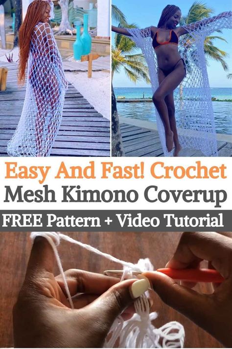 This crocheted kimono cover is made with Solomon stitch or love knot stitch. It is an oversize made perfect for the beach. The best thing about this project is that it is really easy to do and the end result is so cute, chic and bohemian, it seems very elaborate and difficult to crochet, but no!Actually, depending on your crochet speed, you can do it in just a few minutes. Even if you are already more experienced in crochet you can modify it a bit... Crocheted Kimono, Kimono Crochet, Mesh Kimono, Knot Stitch, Love Knots, Fast Crochet, Crochet Kimono, Beach Kimono, Mode Crochet