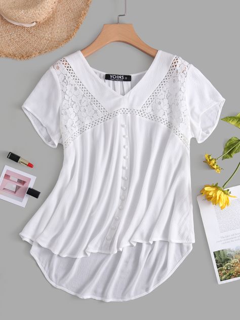 YOINS White V-neck Hollow Design Lace Insert Blouse Crop Top Jumpsuit, Sheer Mesh Top, Hem Blouse, Bell Sleeve Blouse, Hollow Design, Lace Insert, Blouse Styles, Neck Designs, Ladies Tops Fashion