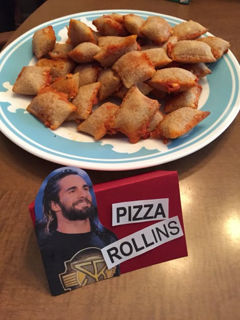 PIZZA ROLLins #wwe Wwe Royal Rumble Party, Wrestling Themed Food, Royal Rumble Party Food, Wwe Birthday Party Ideas Food, Wrestlemania Party Food, Wwe Themed Food, Wwe Food Ideas, Wwe Party Food, Wwe Party Ideas