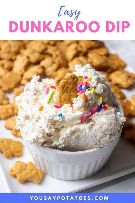 You're going to love this Dunkaroo Dip recipe! The childhood classic dip can now be made from scratch at home using simple ingredients. It is perfect for any party or get-together, and it's a great snack to enjoy with cookies or crackers. Best of all, this recipe is super easy to follow and only takes minutes to prepare! Dips With Animal Crackers, Dip For Teddy Grahams, Teddy Gram Dip, Teddy Graham Dip, Teddy Graham Snack Ideas, Animal Cracker Dip, Dunkaroo Dip Recipe, Xmas Food Gifts, Dunkaroo Dip