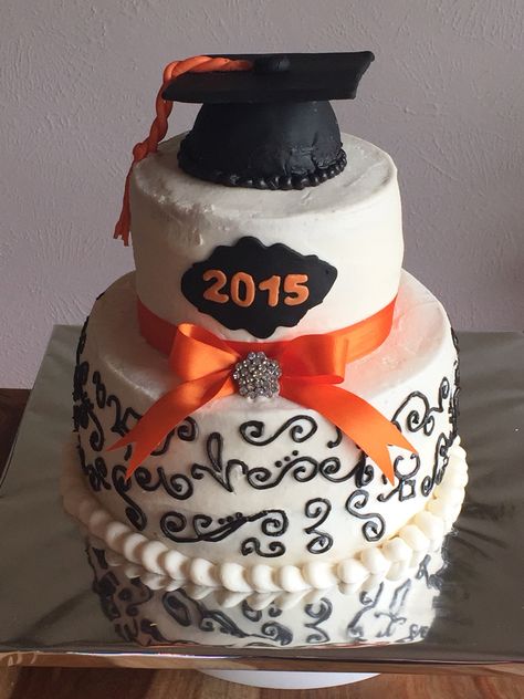 Orange & black graduation cake. Fondant cap & buttercream piping. Orange Graduation Cake, Black Graduation Cake, Buttercream Piping, Black Graduation, Cake Fondant, Graduation Cake, Graduation Cakes, Fancy Cakes, Holidays And Events