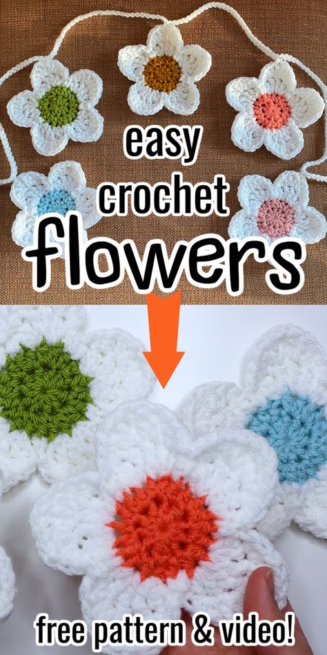 Crochet Flowers Free Pattern Flat, Free Flower Patterns Crochet, Beginner Crochet Flower Pattern Free, Crochet Flower For Beginners, Flat Crochet Patterns Free, Crochet 5 Petal Flower, Crochet 2d Flowers Free Pattern, Diy Crochet Flowers Easy, Crochet Flowers Simple