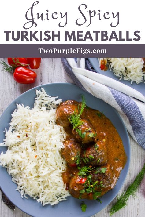 My Turkish Meatballs are slightly spicy and bathed in a tangy yogurt sauce with fresh herbs. These juicy meatballs are classically served with white rice or bread, but you can go bold and serve it with pasta too. Video Included!! #meatballs #turkishmeatballs #juicymeatballs #easyrecipe | twopurplefigs.com @twopurplefigs Middle Eastern Meatballs, Mujadara Recipe, Turkish Meatballs, Rice Video, Juicy Meatballs, Middle Eastern Food, Moroccan Food, Yogurt Sauce, Turkish Food