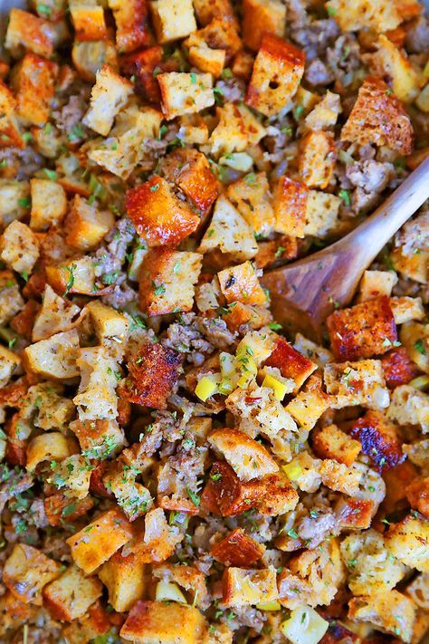 Apple And Sausage Stuffing, Make Ahead Sausage Stuffing, Sausage Sage Apple Stuffing, Sausage Apple Stuffing, Sausage Sage Stuffing, Grain Sides, Sausage Dressing, Stuffing Easy, Meet Recipe