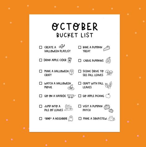 October is here, and so is the ultimate Halloween bucket list🎃👻! Get ready for a month filled with spooky fun, from pumpkin carving to haunted movie nights, apple picking, and so much more. ✨ Download your printable checklist and start ticking off those festive activities! Link in my bio! Perfect for creating some fun fall memories. #HalloweenBucketList #SpookySeason #WildCovePrints #OctoberFun October Bucket List, Halloween Bucket List, Halloween Sleepover, Halloween Playlist, Halloween Buckets, Halloween Countdown, October Halloween, Fall Bucket List, Printable Checklist