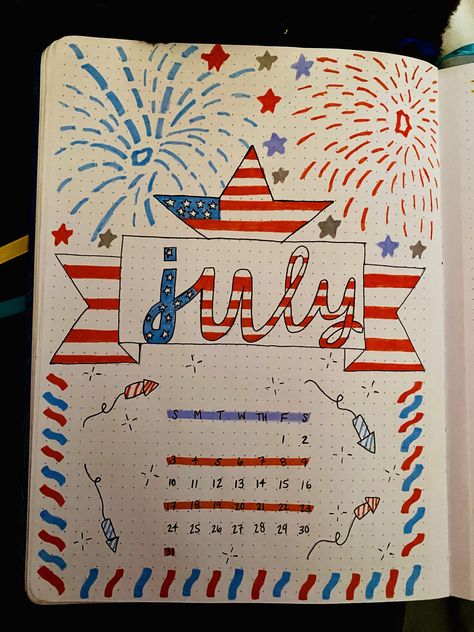 Bullet Journal Cover Page For July! July Bullet Journal Cover, July Bullet Journal, Blue Calendar, July Calendar, Bullet Journal Cover Page, Art Journal Therapy, Bullet Journal Design Ideas, Bullet Journal Inspo, Journal Design