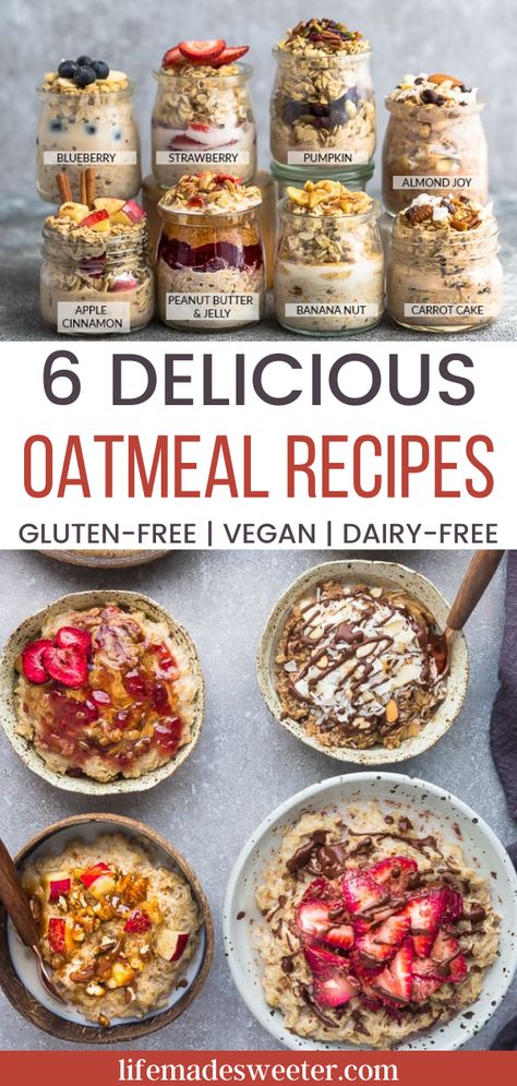 These gluten-free, dairy-free, and vegan oatmeal recipes are impressive! There are 6 different options to choose from. Dairy Free Recipes Breakfast, Gluten Free Dairy Free Oatmeal, Vegan Oatmeal Recipes, Oatmeal On The Stove, Dairy Free Oatmeal Recipes, Dairy Free Breakfast Ideas, Delicious Oatmeal Recipes, Dairy Free Oatmeal, Instant Oatmeal Recipes