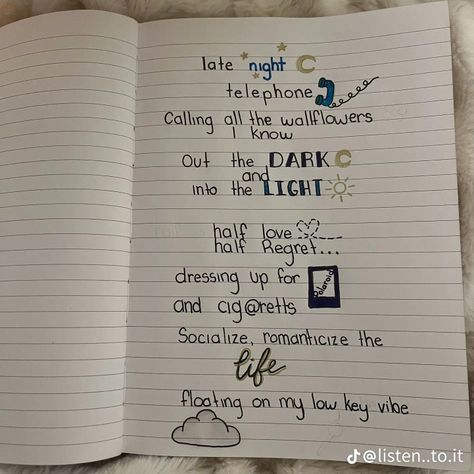 Lyric Drawings, Writing Lyrics, Art Notebook, Journal Inspiration Writing, Bullet Journal Ideas Templates, Cute Quotes For Him, Love Scrapbook, Bulletin Journal Ideas, Diy Journal Books