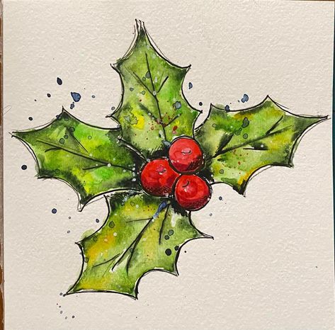 Christmas Drawing Mistletoe, Holly Watercolor Paintings, Easy Christmas Water Colour Painting, Miseltoe Drawings Easy, Mistletoe Painting Easy, Watercolor Christmas Ornament Cards, Mistletoe Watercolor Christmas, How To Draw Holly Leaves, Miseltoe Drawings