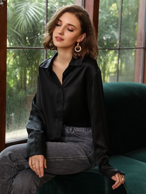 MOTF PREMIUM 100% SILK STRAIGHT FIT BLOUSE Black Silk Top Outfit, Black Silk Blouse Outfit, Silky Shirt Outfit, Black Satin Blouse Outfit, Plain Top Outfit, Black Satin Shirt Outfit, Long Sleeve Blouse Outfit, Black Blouse Outfit, Silk Top Outfit