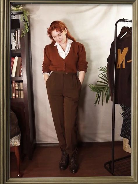 Rachael Maksy Outfits, Professional Nonbinary Outfits, Nonbinary Office Wear, Plus Size Outfits Dark Academia, 1940s Office Fashion, Professor Fashion Women, Light Academia Aesthetic Outfit Plus Size, 70s Academia Fashion, Nonbinary Homecoming Outfit