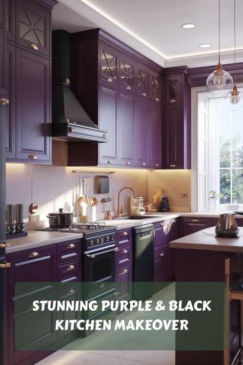 Purple and black kitchen with modern cabinetry and appliances, featuring a large window.