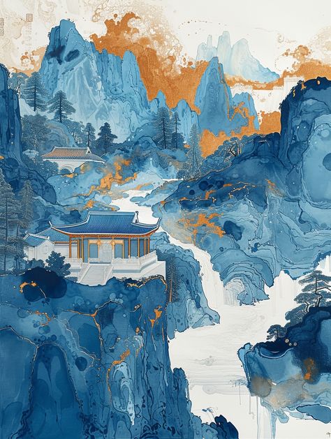 #SouthernChinesePainting #TopographicStyle #YangtzeRiver #BuddhistArt Inspirational Digital Art, Photography Movies, Chinese Art Painting, Blue Tree, Photography Games, China Painting, Buddhist Art, Chinese Painting, Birds Eye