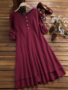 Layered Adjustable Sleeve Solid Color O-neck Vintage Dresses Daily Dress Casual, Plus Size Retro Dresses, Vintage Dresses Online, Vestidos Retro, Tiered Dresses, Robes Vintage, Look Plus Size, Plus Size Vintage, Vestidos Vintage