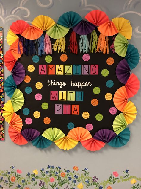 Black and brights PTA Bulletin board with a paper fan border! The circles include all of the events and functions that PTA puts on! #bulletinboard #bulletinboards #pta #rainbow #fanborder #brights #school Pta Bulletin Boards, Flower Bulletin Boards, Soft Board Decoration, Birthday Board Classroom, Art Bulletin Boards, Bulletin Board Design, Birthday Bulletin Boards, Birthday Bulletin, School Board Decoration