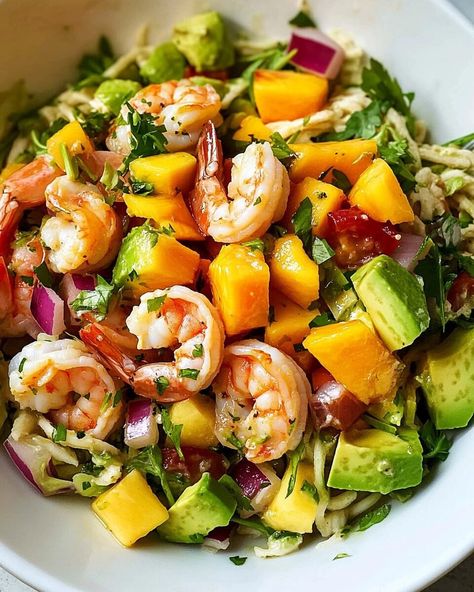 Prawn Mango Avocado Summer Salad - knedir Recipes Salad With Mango And Avocado, Prawn Avocado Salad, Prawn And Mango Salad, Prawn Mango Avocado Salad, Mango Avacado Salad, Cold Dish Recipes, Prawn Mango Salad, Prawn Salad Recipe, Mango And Avocado Salad