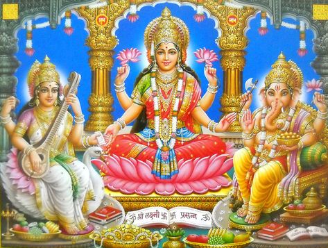 LAKSHMI, GANESHA, SARASWATI poster-reprint on paper-(20X16 inches) #5036 - $11.99. FOR SALE! Namaste !!! Welcome to Manya creations This Item is Lakshmi, Ganesha, Saraswati poster-reprint on paper-(20X16 inches) #5036 Description Size - 16 Inches x 20 Inches. Poster Condition - New and Mint Paper Quality - Good quality paper with high quality Printing Packing - We Pack it in a Safe Plastic 143570412531 Diwali Gods, Devi Saraswati, Diwali Painting, Goddess Laxmi, Diwali Pictures, Saraswati Devi, Lakshmi Devi, Saraswati Goddess, Lord Hanuman Wallpapers