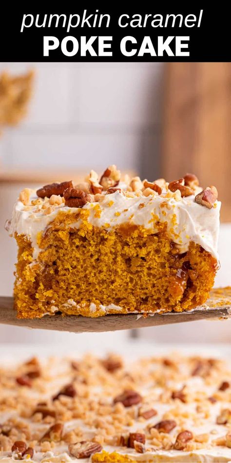 Pumpkin Poke Cake Recipes Easy, Caramel Pumpkin Cake, Pumpkin Caramel Poke Cake, Quick And Easy Pumpkin Dessert, Pumpkin Spice Poke Cake, Pumpkin Poke Cake Recipe, Caramel Poke Cake, Mini Eggs Cake, Pumpkin Poke Cake