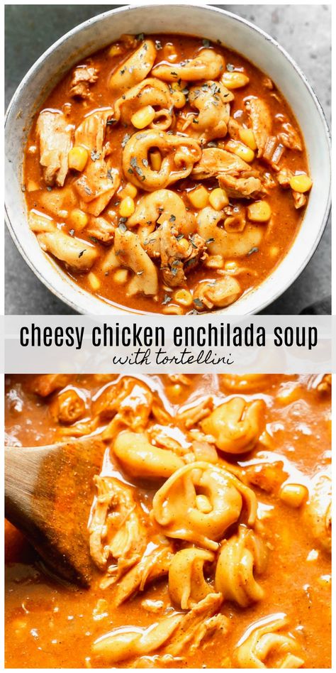 Cheesy Chicken Enchilada Soup with Tortellini - Cooking for Keeps Taco Tortellini Soup, Cheesy Chicken Enchilada Soup, Soup With Tortellini, Chicken Fricassee, Cheesy Chicken Enchiladas, Corn Chicken, Chicken Tortellini, Cheap Clean Eating, Fall Soup