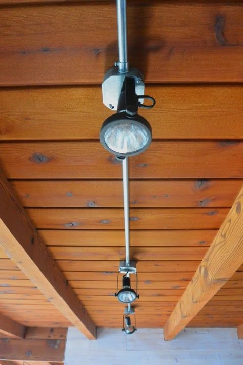 How to: Install Your Own DIY Industrial Track Lighting on the Cheap Garage Lighting Ideas, Industrial Track Lighting, Conduit Lighting, Remodel Garage, Track Lighting Kitchen, Cycling Studio, Basement Lighting, Cottage Lighting, Diy Lampe