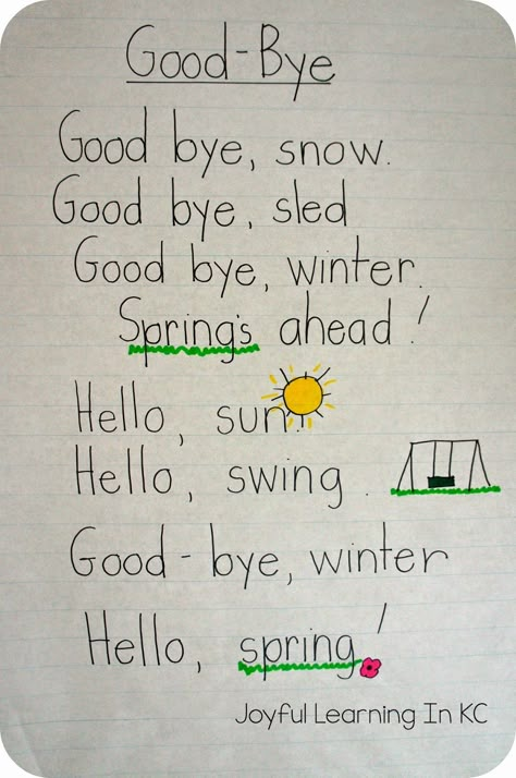 Joyful Learning In KC: Spring Poems for Shared Reading Time Good Bye Winter Hello Spring, Kindness Poem Kindergarten, Music Crafts For Kids, Daycare Songs, Spring Songs, Kindergarten Poems, Preschool Poems, Spring Poem, Preschool Spring