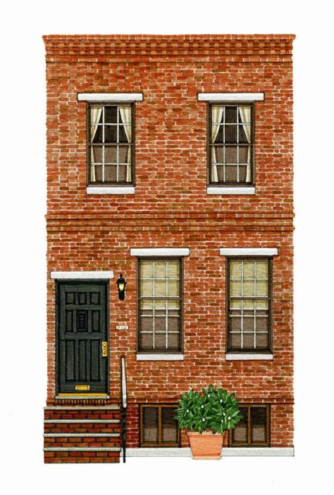 Brick House Illustration, Brick Building Drawing, House Portrait Painting, Whimsical Art Paintings, Building Front, Building Drawing, Building Illustration, Architecture Building Design, House Illustration