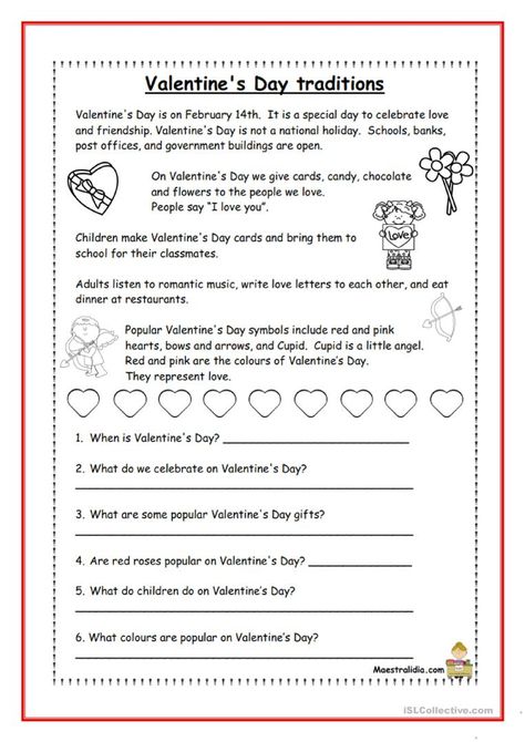 Valentine's day traditions - English ESL Worksheets for distance learning and physical classrooms Valentine Worksheets, 4th Grade Reading, Valentines Day Activities, English Activities, Kindergarten Math Worksheets, Comprehension Worksheets, Vocabulary Worksheets, Reading Worksheets, Reading Comprehension Worksheets