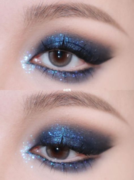 Eyeshadow look collection Silver And Blue Eyeshadow Looks, Dark Blue Glitter Eye Makeup, Blue Sparkly Eyeshadow Looks, Dark Blue And Silver Eyeshadow, Dark Blue And Black Eyeshadow, Navy Blue Glitter Eye Makeup, Nighttime Eyeshadow Looks, Dark Blue Homecoming Makeup, Navy Blue And Black Makeup