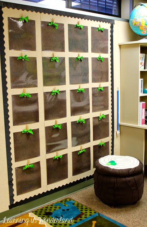 Learning In Wonderland: Classroom Tour The little 'wooden' displays are so adorbs! Would so use this idea for a display with K-3 for fox/woodland theme. Quick Art Ideas, Student Work Display, Forest Theme Classroom, Rainforest Classroom, Preschool Camping, Forest Classroom, Kids Bulletin Boards, Art Ideas For Kids, Jungle Theme Classroom