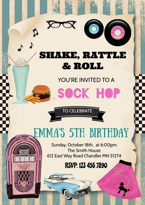 1950 Party Invitations, Sock Hop Invitation, Grease Themed Party Invitations, 50s 50th Birthday Party, Grease Invitations Template, 50s Birthday Invitations, Grease Party Invitations, 60s Invitation Design, 50s Party Invitations