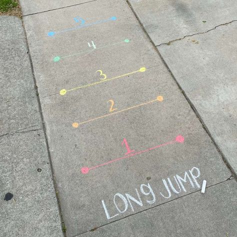 Sidewalk Games For Kids, Chalk Fun For Kids, Hop Scotch Ideas Sidewalk, Chalk Activity Path, Chalk Obstacle Course For Kids, Hop Scotch Ideas, Chalk Obstacle Course, Sidewalk Chalk Games, Chalk Activities